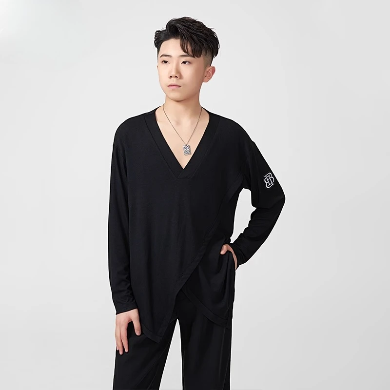 

Мужской костюм для латинских танцев по индивидуальному заказу, черно-белая футболка с круглым вырезом для бальных танцев, профессиональная тренировочная одежда, топ для танцев