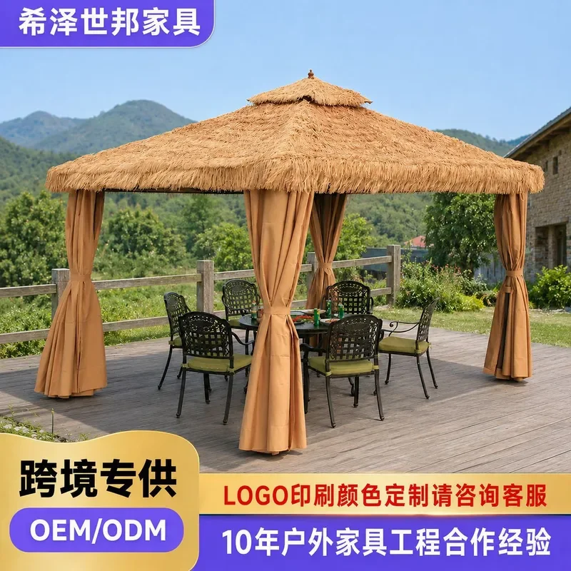For Garden Terrace Southeast Asian Style Thatch Double Top Four Column Leisure Pavilion with Optional Curtain