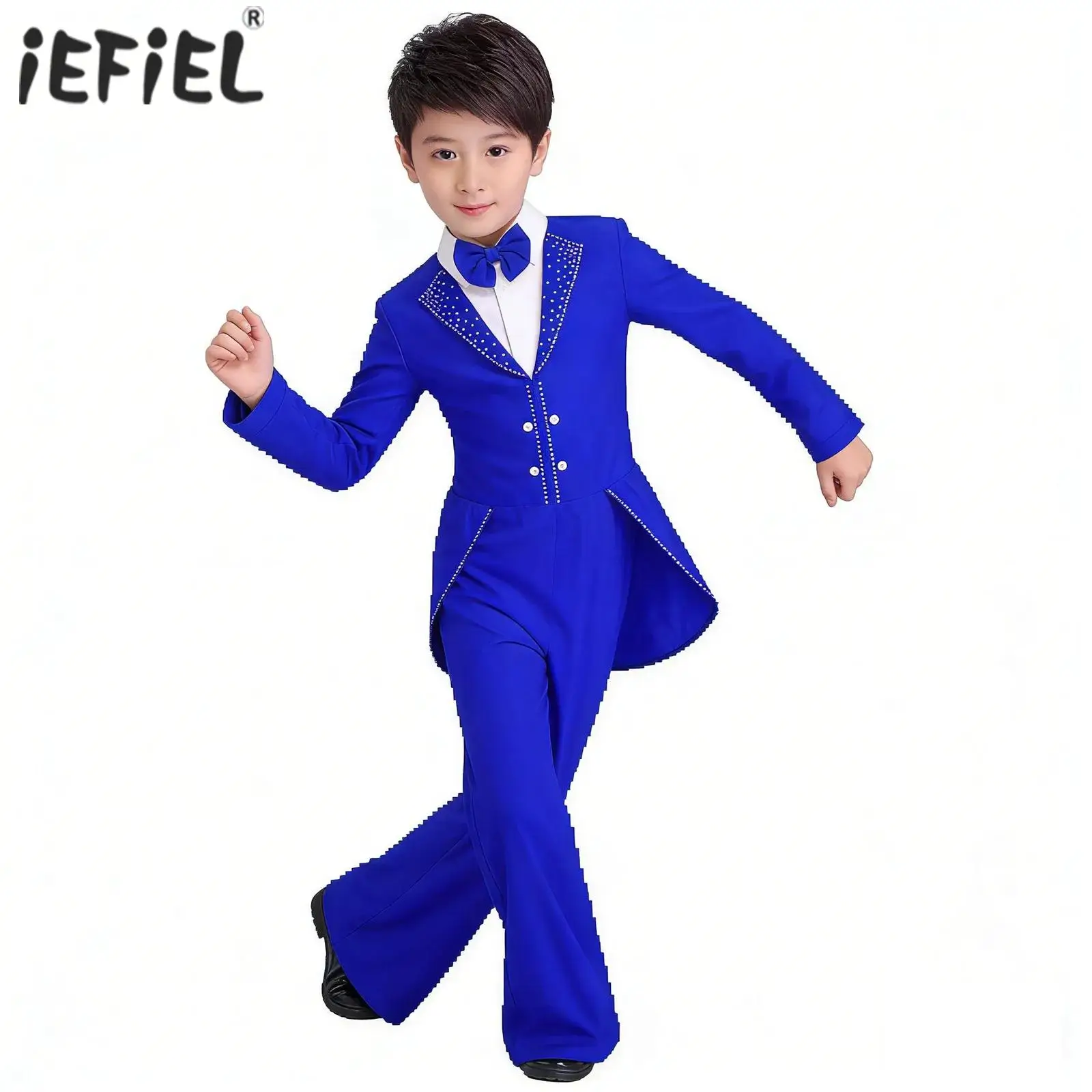 

Kids Boys Figure Skating Jazz Dance Performance Costume Long Sleeve Back Invisible Zipper Shiny Rhinestone Tuxedo Jumpsuit