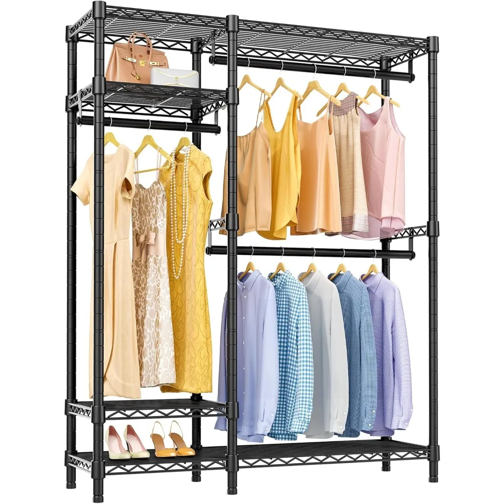 

Coat Racks Free Standing Clothes Wardrobe 4 Tiers Wire Shelving Clothes Rack With 3 Hanging Rods Hanger Coats Shelf Living Room