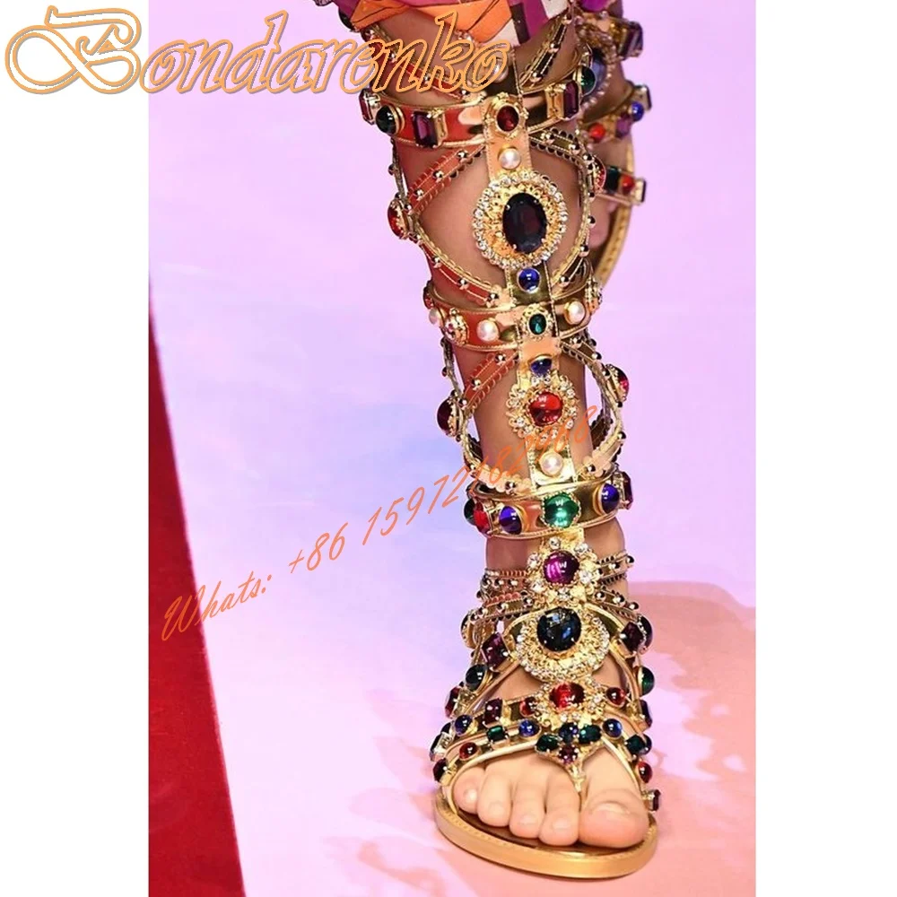 Flat With Colored Diamond Sandals Open Toe Gold Zipper Ankle Women Sandals Summer Party Designer Shoes Pre Sale Big Size Metal