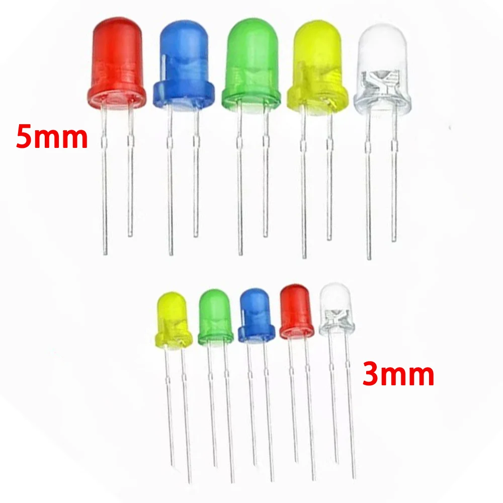 3mm 5mm LED diode kit, white, red, green, blue, yellow, orange, 2V, 3V light bulb combination, Diy Pcb circuit accessories