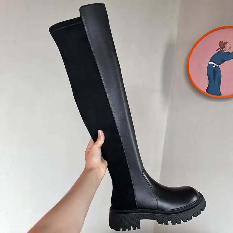 Krazing Pot Cow Leather Round Toe Thick Bottom Stretch Platfrom Boots Keep Warm Ins High Street Fashion Over-the-knee Boots Chic