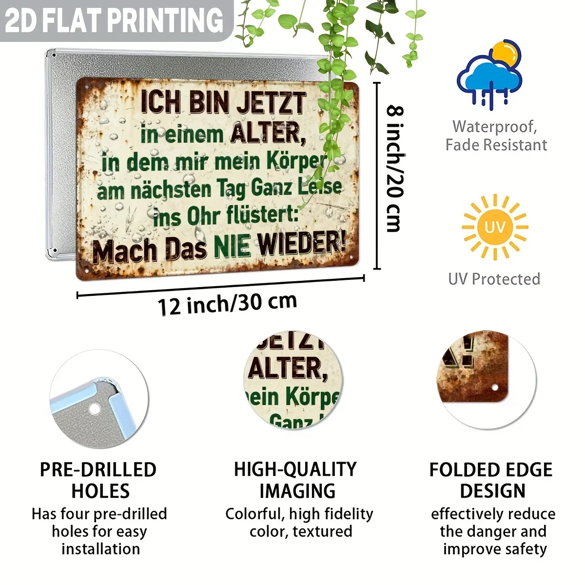 2D Flat Model, 1 Piece of German Vintage Fun Metal Sign, Featuring German Text and English Translation— 