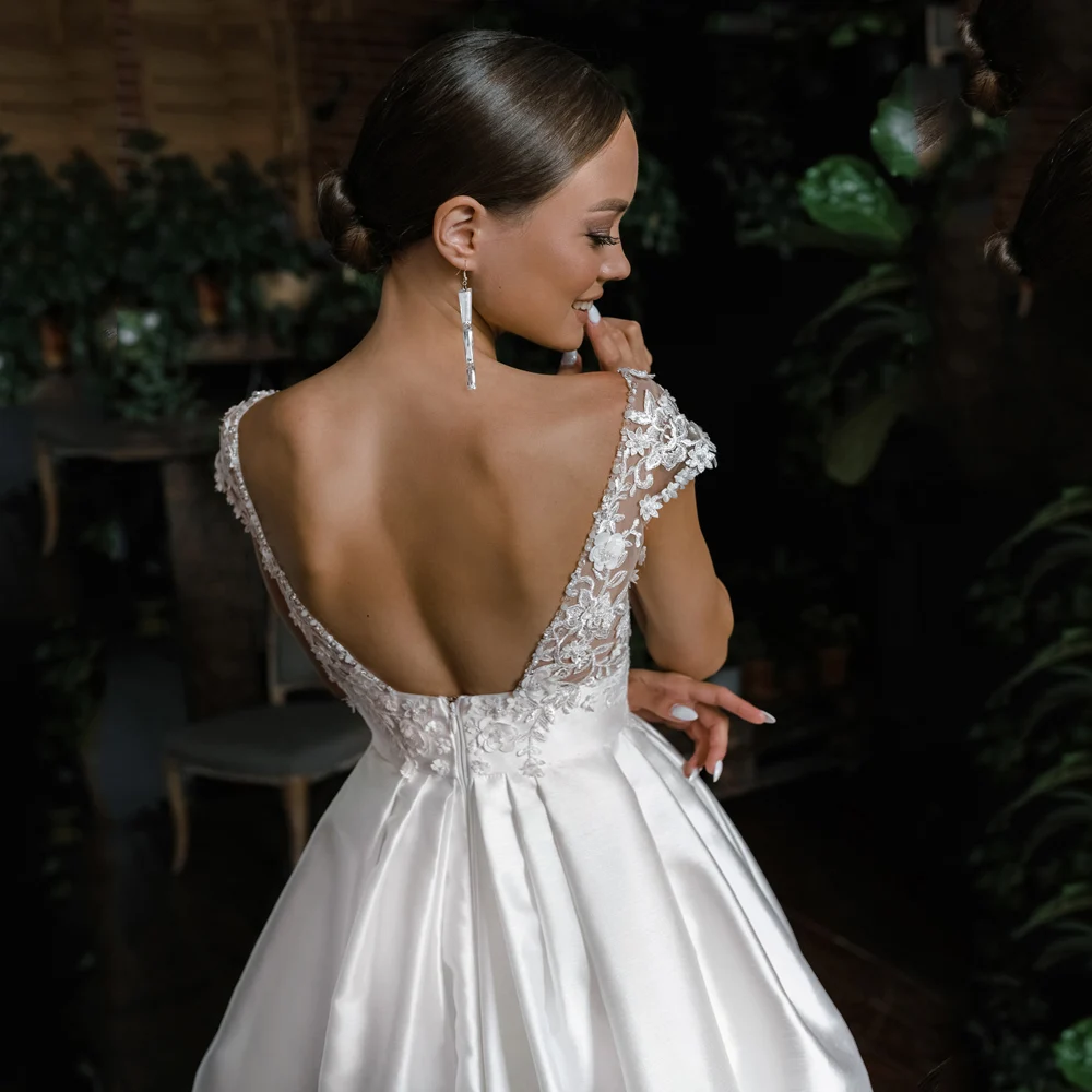 Robe de Mariée Trapèze en Fibre Satin à Imprimé Floral pour Femme, Fente Haute, Dos aux, Découpe, Personnalisé, Sexy, 2025