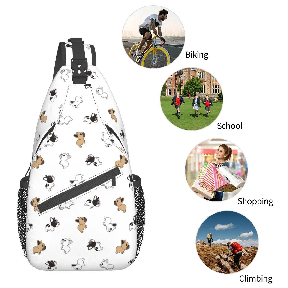 Mochila de hombro cruzada para el pecho, morral con patrón de animales, bonito perro Bulldog, mochila de viaje para senderismo