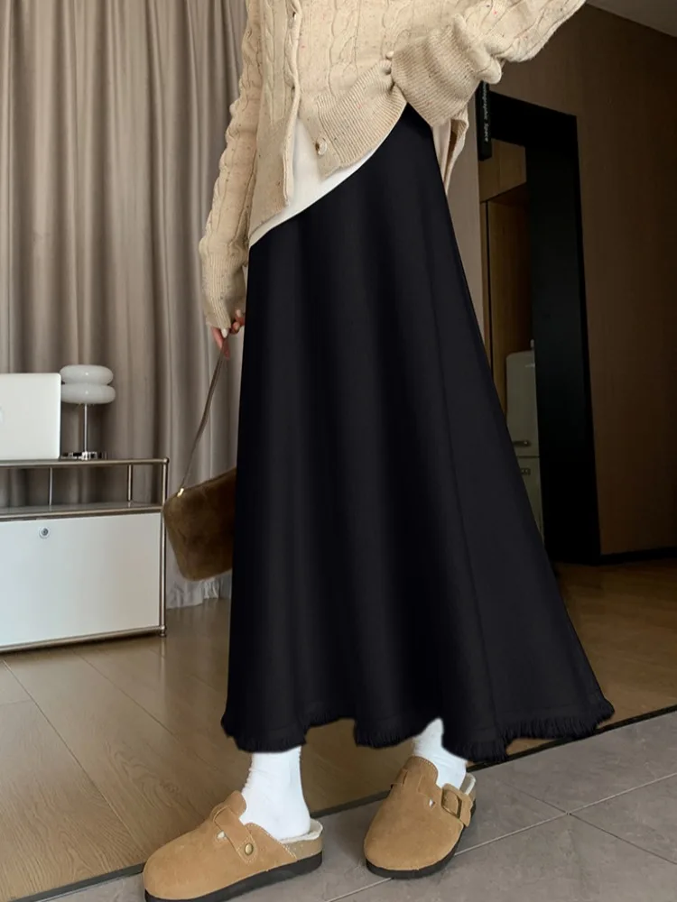 Gestrickter f-Länge-Rock für Damen, Herbst und Winter, kleine Größe, drapiert, großer A-Linien-Rock, hohe Taille, Midi-Länge, Wollmischung, lässig