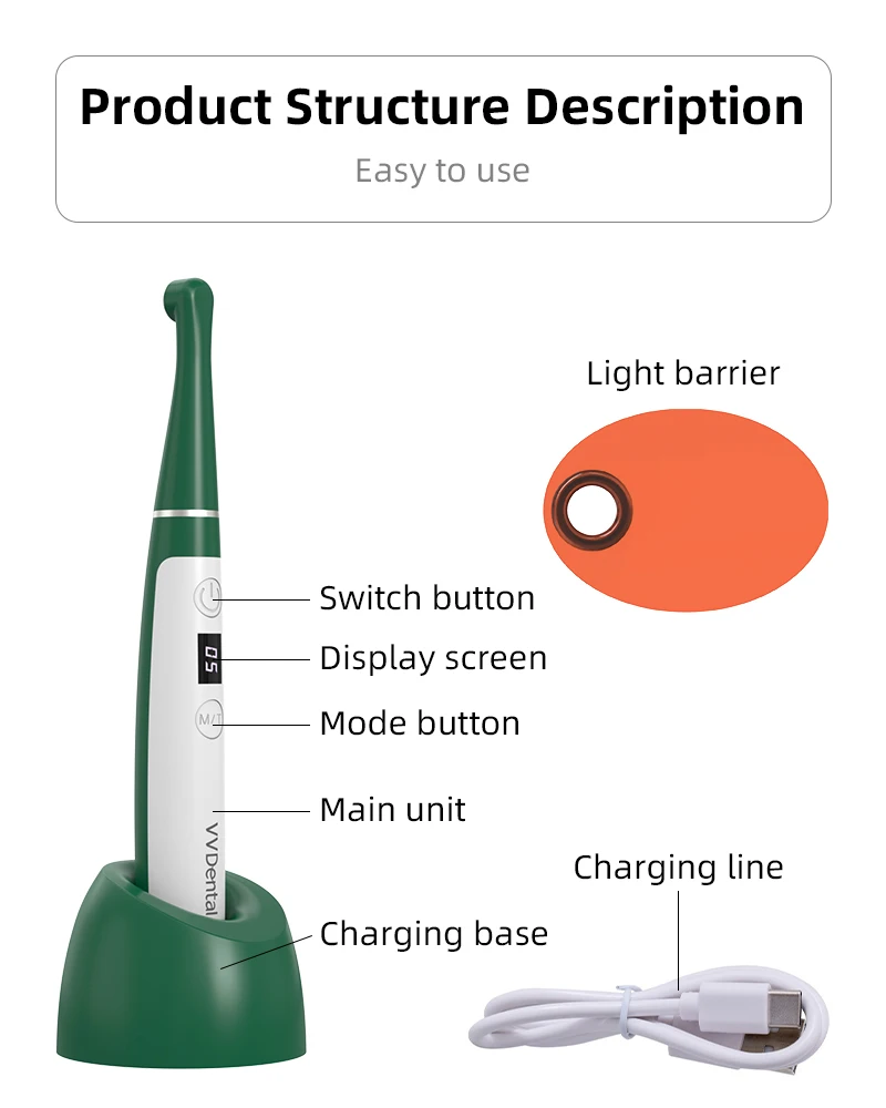 VV Dental 110 V-240 V kabelloses Aushärtungslicht, 7 Farben, Zahnarzt, kabellose LED-Lampe, 1 Sekunde Aushärtung, 458 nm, 1200–2500 mW/c ㎡ – Detail 9