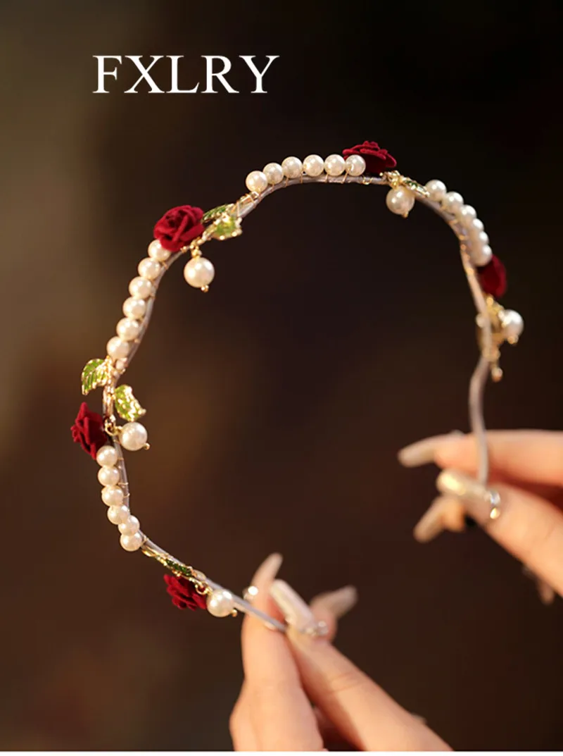 FXLRY Original Handmade Hair Hoop Vintage Rose Pearl Headdress Press Hair Clip Accessories