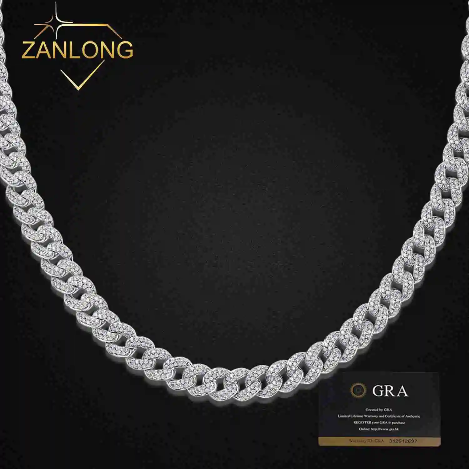 13218 Zanlong 10mm Hip Hop Jewelry 925 Silver D Color VVS Clarity Design Cuban Link Chain Iced Out Moissanite Diamond Necklace.