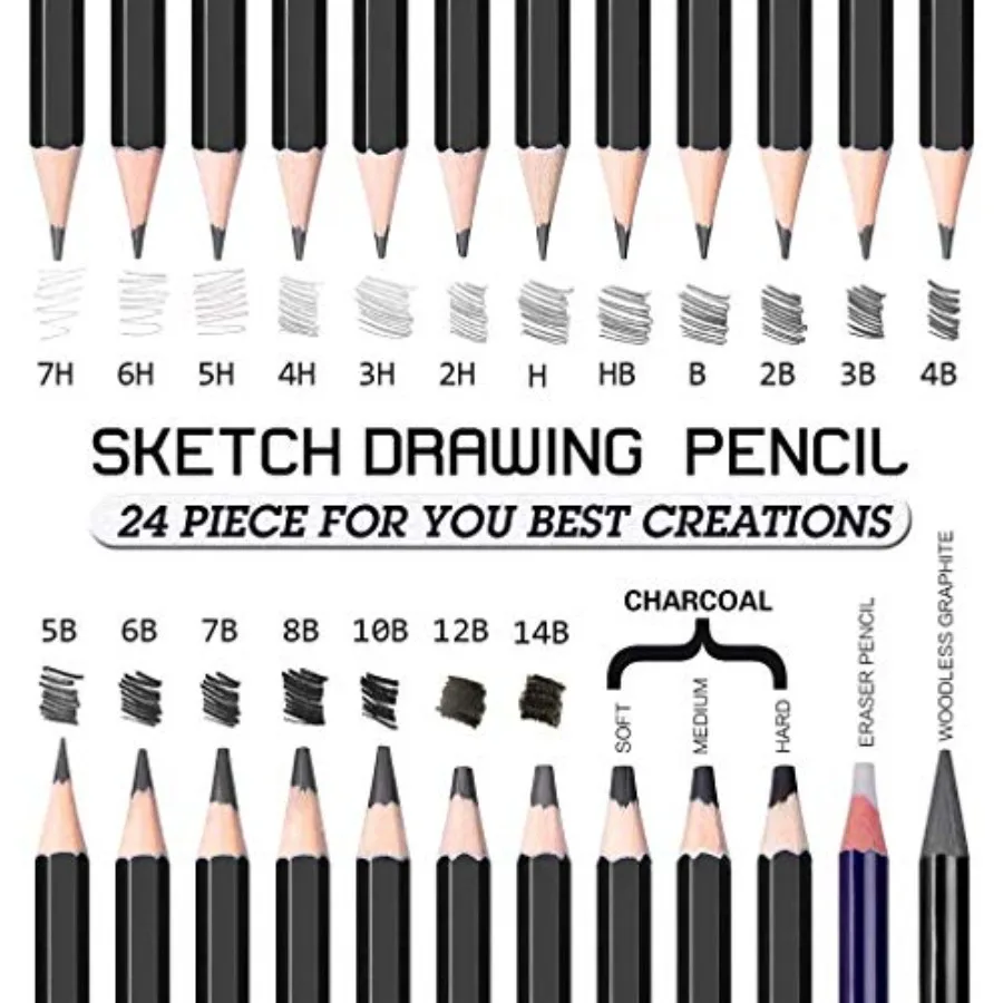 Sketching Pencil Set - 24 Pieces Drawing Sketch Pencil HB, B, 2B, 3B, 4B, 5B, 6B, 7B, 8B, 10B, 12B, 14B, H, 2H, 3H, 4H, 5H, 6H,