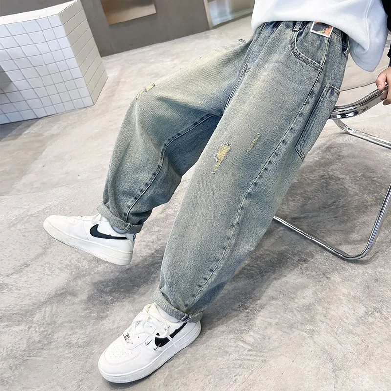 Young Boys Jeans Loose Cuffed Pants 2024 Children's Clothes Spring Autumn Elastic Waist Fashion Broken Hole Causal Teenage 5-14Y