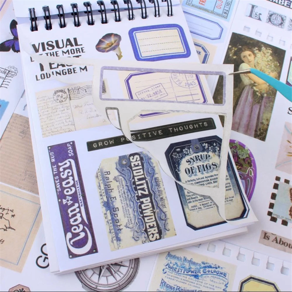 

A424P Vintage Stickers for Scrapbooking, 50 Sheets Precut Washi Stickers Book for Journaling, Junk Journal Supplies C