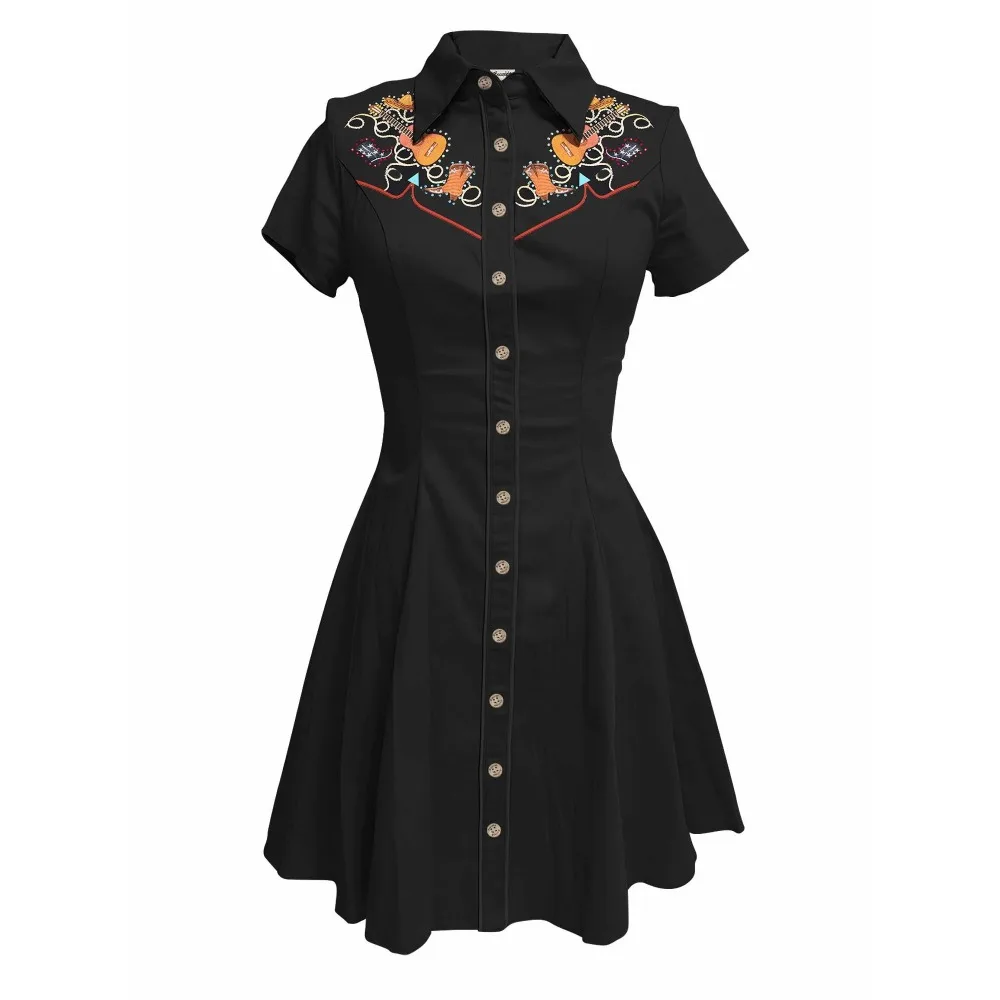 Musik Liebe Gitarre Rock Gedruckt Western Cowgirl Kleid Frauen Button-down Kleid Kurzen Ärmeln 100% Baumwolle Kawaii Rosa Streetwear