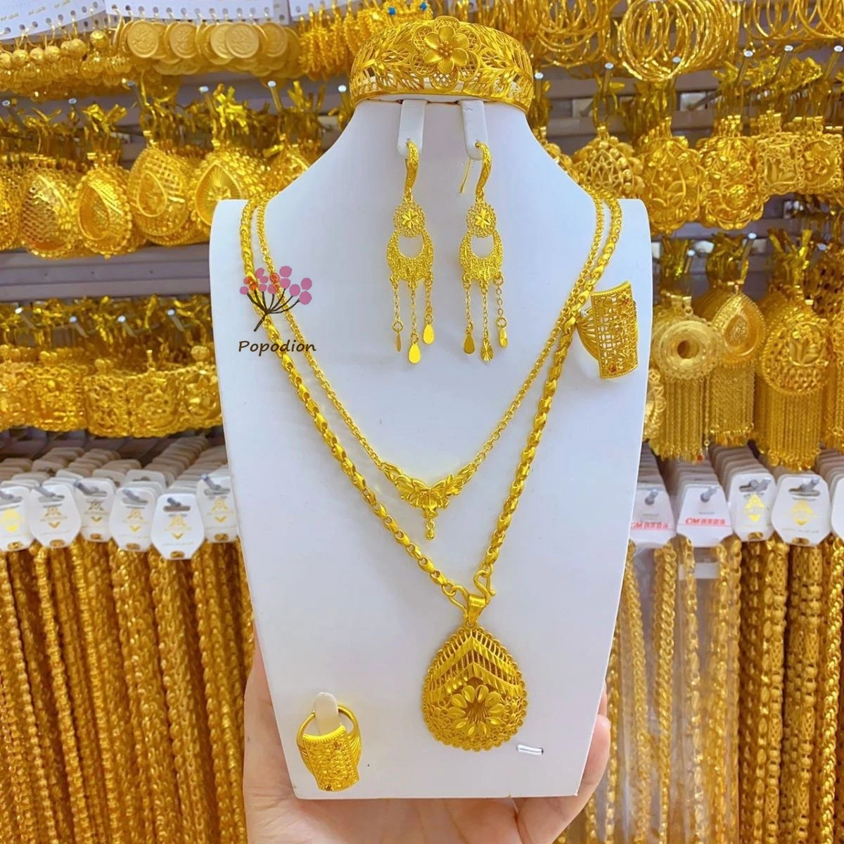 New Dubai 24K Gold Plated Bridal Wedding Necklace Bracelet Earrings Women's Ring Popodion Six Piece Set YY10424