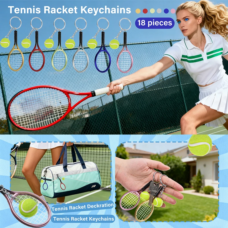 18Pcs Mini Tennis Racket Keychains with Small Tennis Balls, Sports Themed Key Ring Charms for Backpack Bag Decor