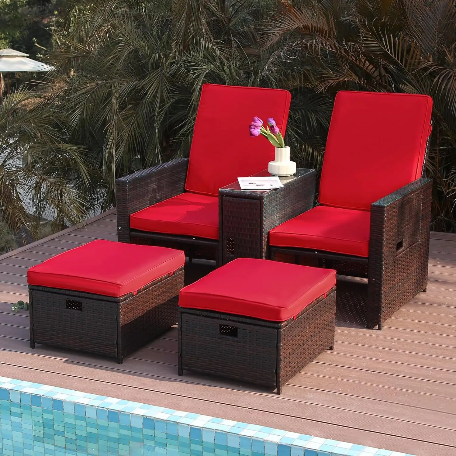 

5pcs Patio Wicker Loveseat Outdoor Rattan Sofa Set with Cushion - Adjustable Lounge Chair with Ottoman Footrest,Wicker Furniture