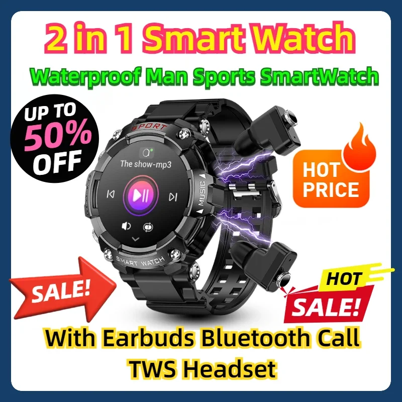 

For IOS Android 2 in 1 Smart Watch With Earbuds Bluetooth Call TWS Headset Waterproof Man Sports SmartWatch