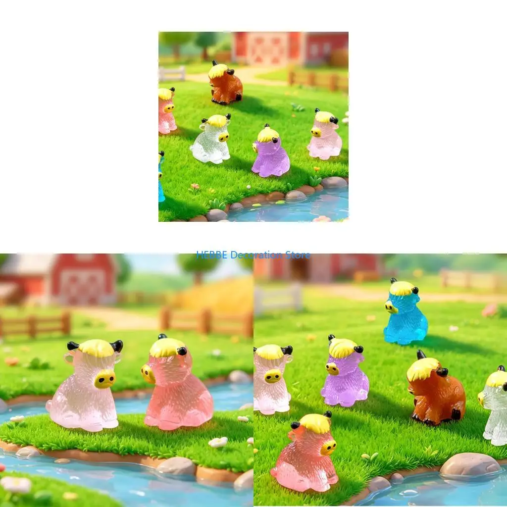 B0KC Luminescent Tiny Highlands Cow Mini Cow Figurines Faerie Garden Decors Ornament