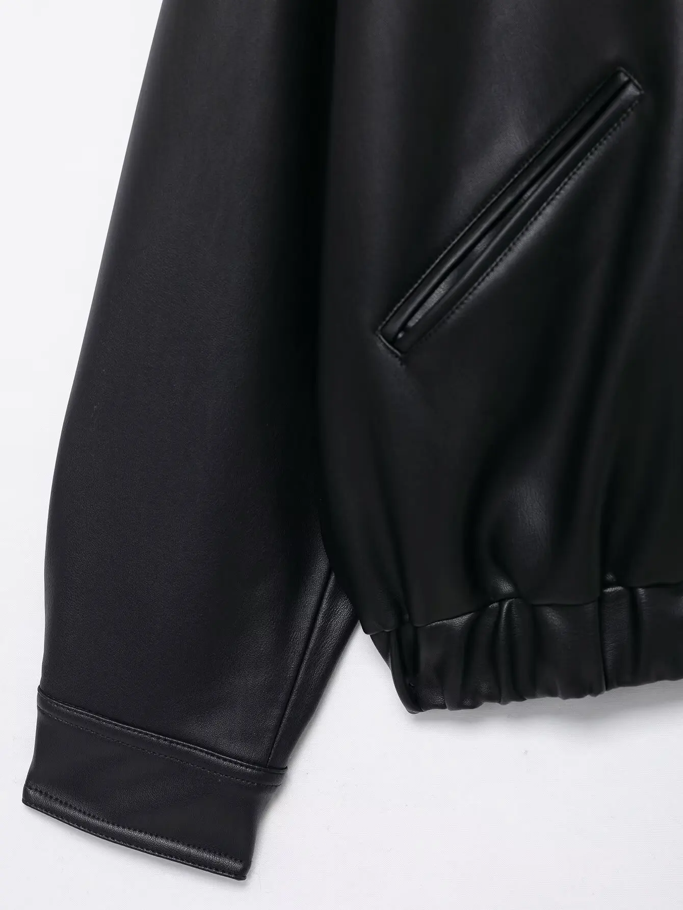 New autumn and winter patchwork leather effect jacket popular European street style women's solid color zipper long sleeved jack