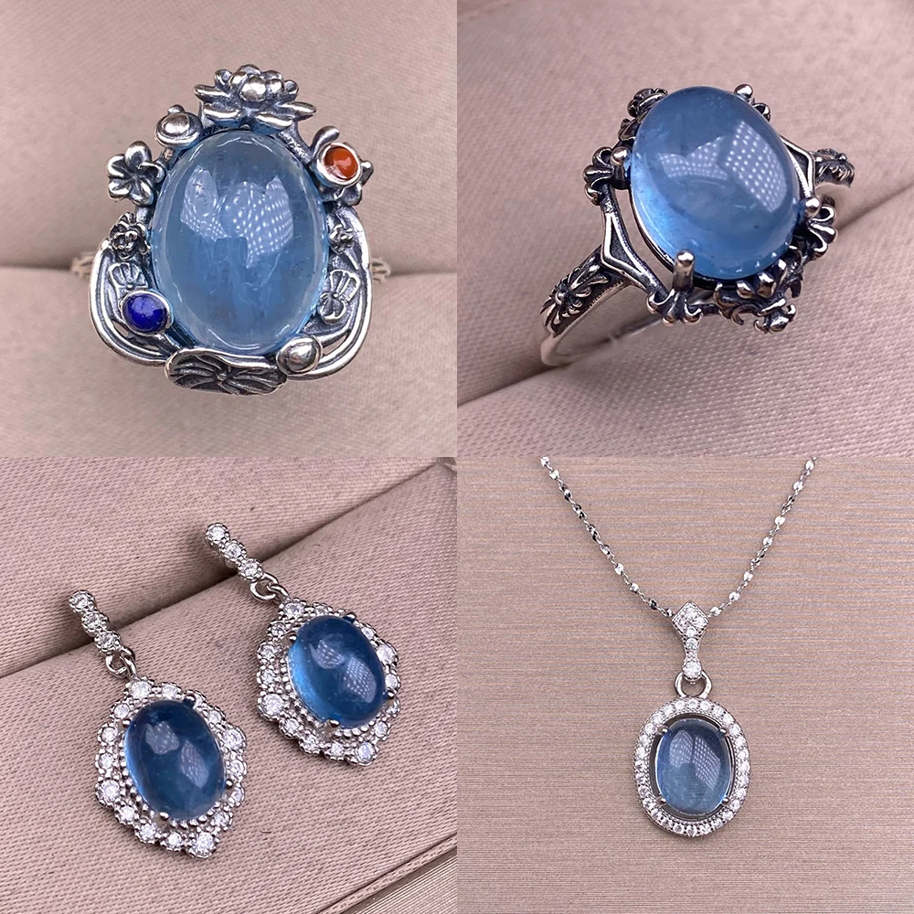 

Винтажное кольцо из серебра 925 пробы с натуральным аквамарином, синее овальное сферическое ювелирное изделие из натурального камня, кольцо в форме змеи, ювелирные украшения для женщин