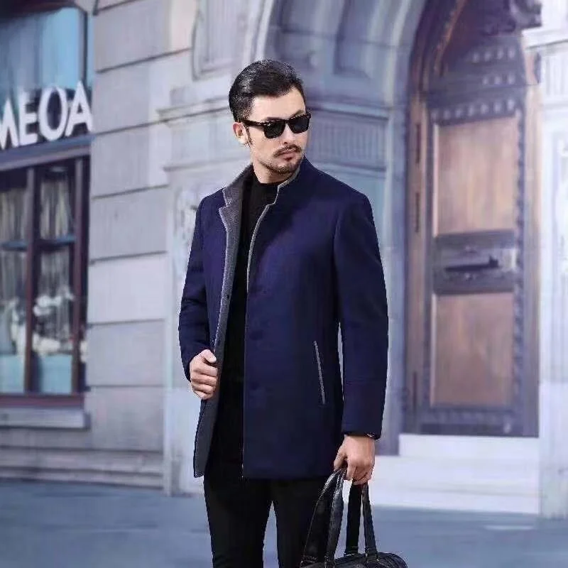 

Thickened Woolen Coat Stand Collar Mid-Length Fashionable Men's Winter Coat Business Style PU Material Straight Hem Design