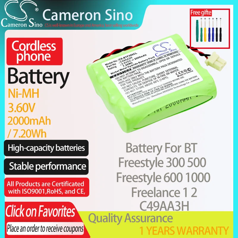 CameronSino Battery for BT Freestyle 300 Freestyle 500 Freestyle 600 Freelance 1 fits BT C49AA3H Cordless phone Battery 2000mAh