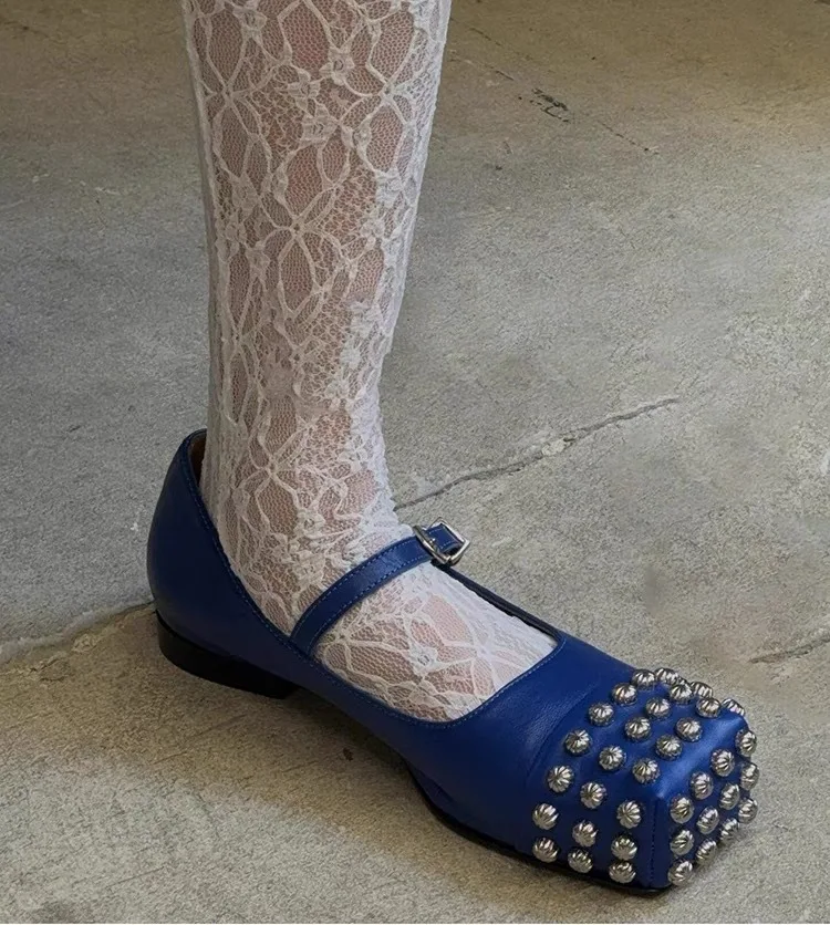 

Black And Blue Spring Square Toe Women Pumps Shoes With Rivets Chunky Low Heel Buckle Strap Design Marry Jane Shoes