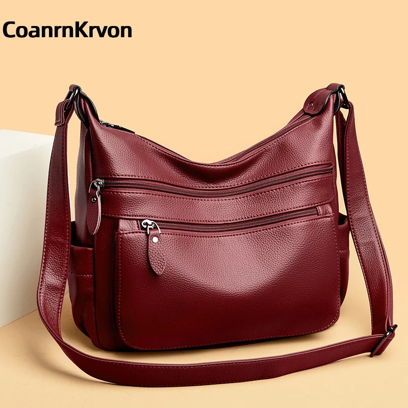 New 2024 Leather Black Crossbody Bag Women\'s Trendy Portable Gift Mom Bag Large Capacit Soft Multiple Layers Pockets Commuterbag