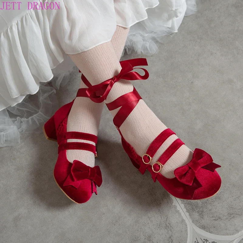 2024 Spring Autumn New Women Pumps Lolita Shoes Platform High Heels Red Lace Mary Jane Shoes Bow Block Heel Ladies Party Shoes