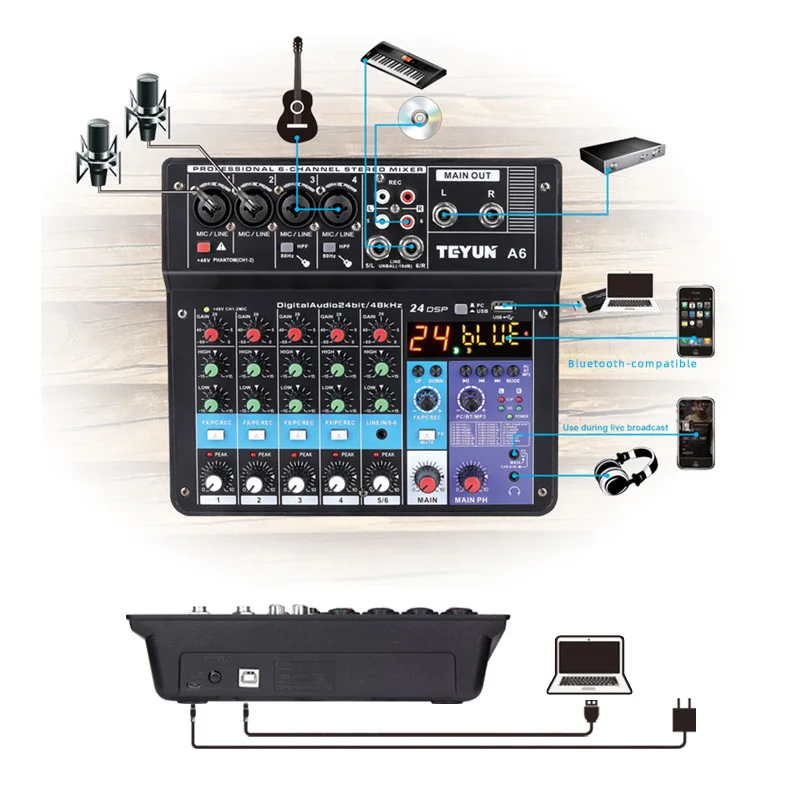 TEYUN-controlador de Dj, de 6 vías mezclador de sonido, equipo profesional de Audio, consola de mezcla, Video portátil profesional, electrónica de