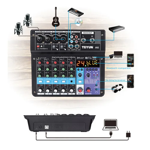 Imagen 2 del producto TEYUN-controlador de Dj, de 6 vías mezclador de sonido, equipo profesional de Audio, consola de mezcla, Video portátil profesional, electrónica de consumo