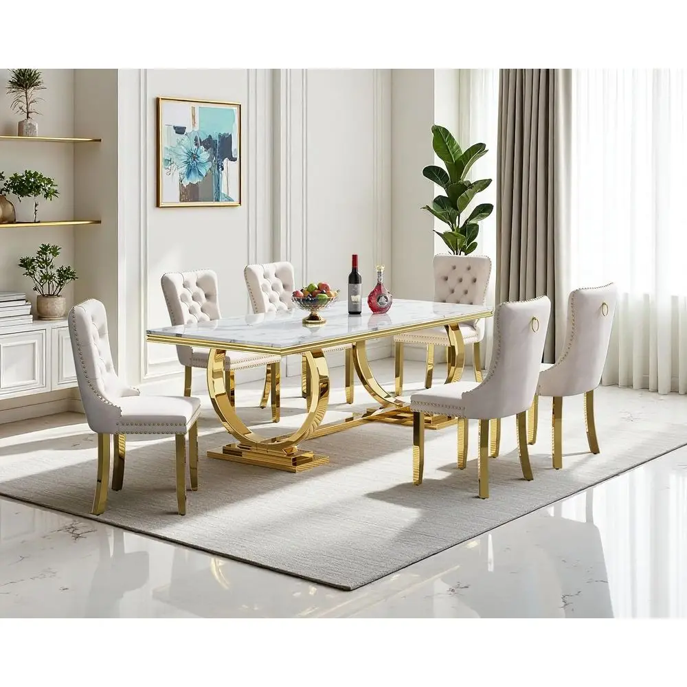 

68 Marble Dining Table Set, 6 or 7-Piece with White Gold Table & 6 Velvet Chairs, Modern O-Shape Stainless Steel Base