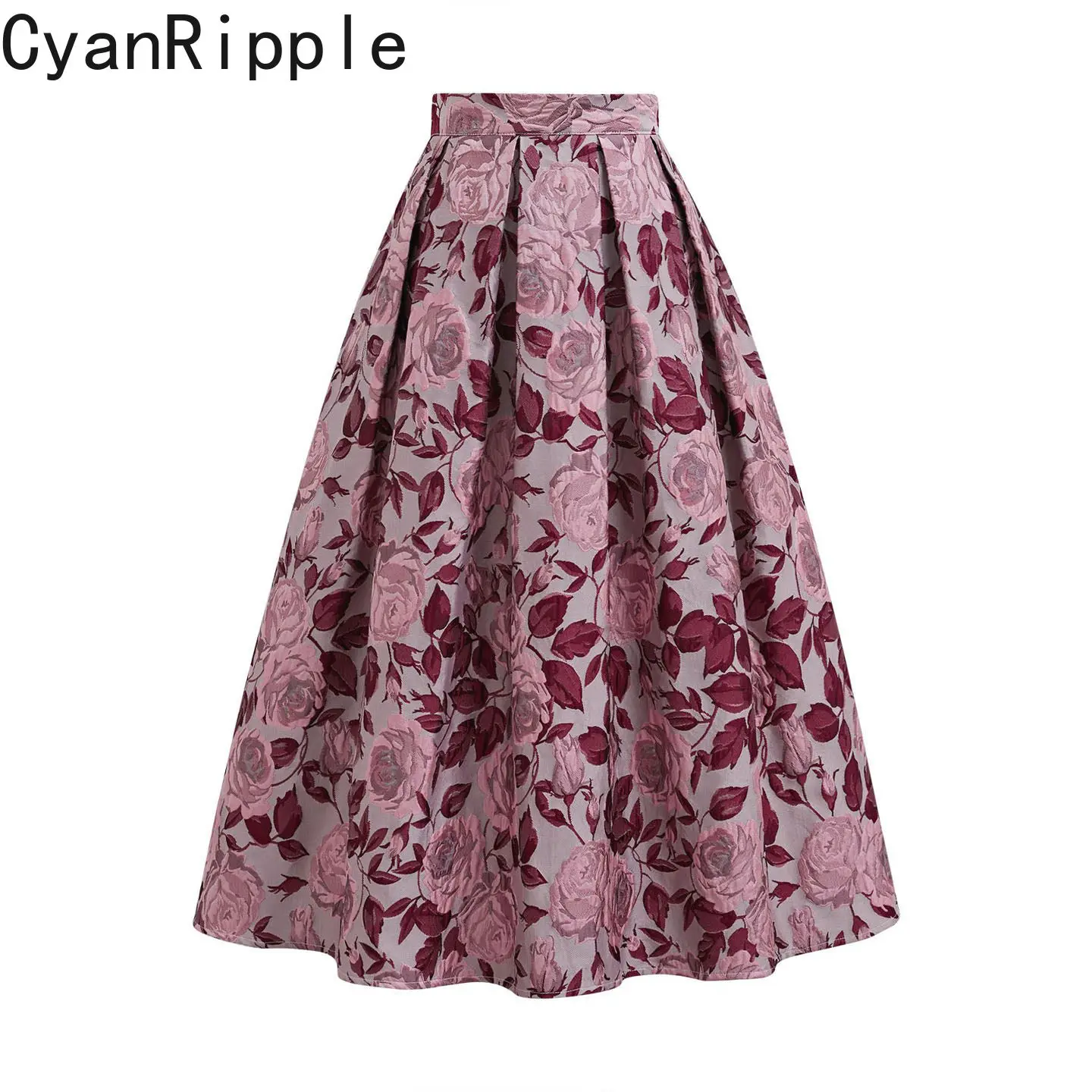 High Quality Vintage Pink Embroidery Jacquard Mid-long Female A-line Skirt All-match Elegant Lady High Waist Casual Puffy Skirt