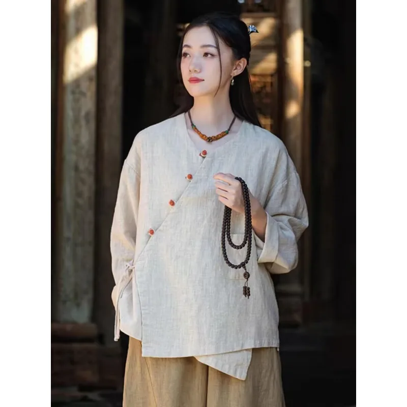 

Хлопковые льняные кардиганы в китайском стиле, топ 202, летняя повседневная модная блузка Hanfu с диагональными пуговицами, дышащая, удобная
