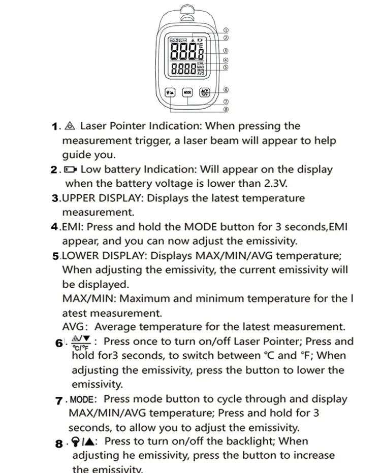 Hochempfindliche digitale Infrarot-Messpistole, Hygrometer, Hintergrundbeleuchtung, Bildschirm, Laserpositionierung, berührungslose Temperatur – Detail 18