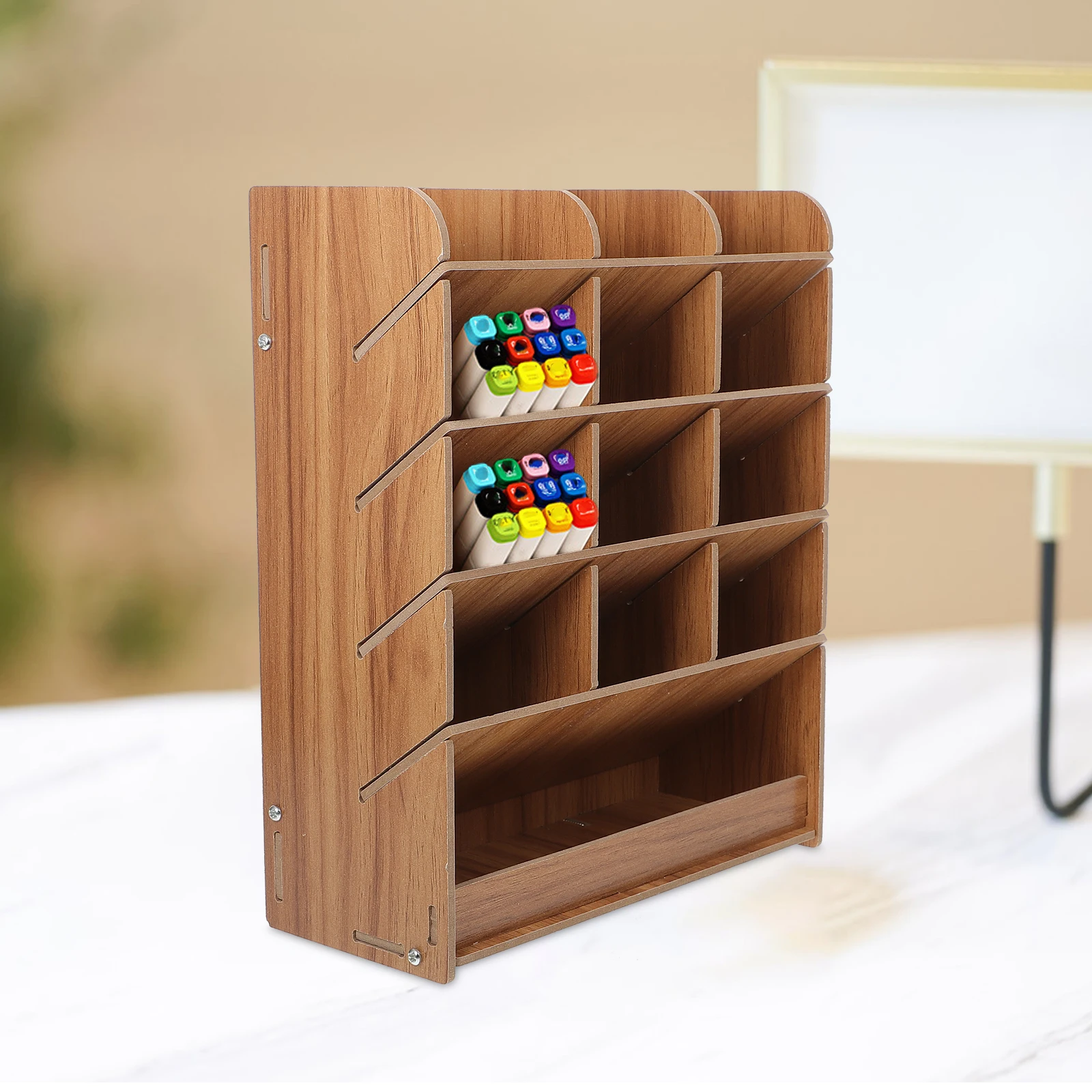 

Wooden Pen Holder Desk ganizer Multi grid Storage Shelf Office Stationery Pencil Rack Keeps Tidy Corrosion Resistant Long