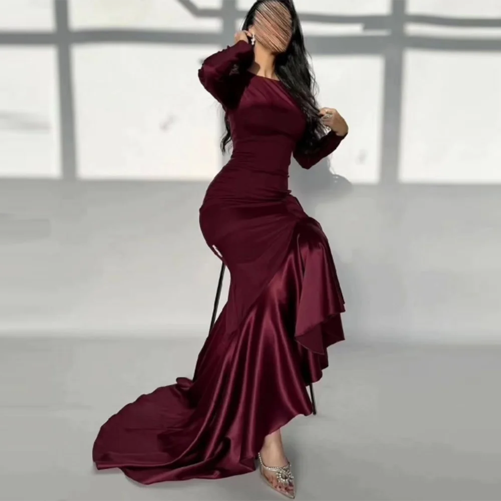 Maßgeschneiderte Meerjungfrau-Abschlussballkleider, bodenlang, O-Ausschnitt, volle Ärmel, formelles Abendkleid, schlicht, modisch, drapiert, exquisite Kleider