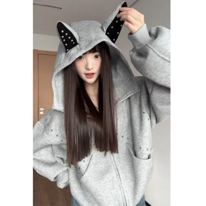 Y2K Vintage Cute Devil Ear Studded Zip Up Hoodie Women's Loose Fit With Pocket Casual Streetwear Daily Wear Sweatshirt Jacket