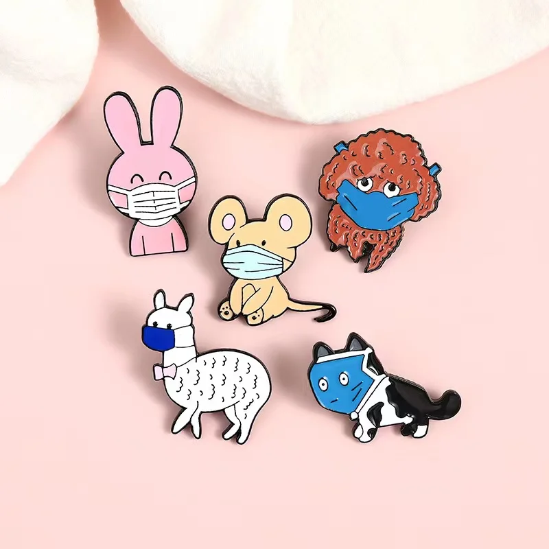 Wholesale Pay Attention To The Epidemic Enamel Pins Custom Cartoon Rabbit Mouse Dog  Cat Lapel Badges Wearing Mask Jewelry Gifts