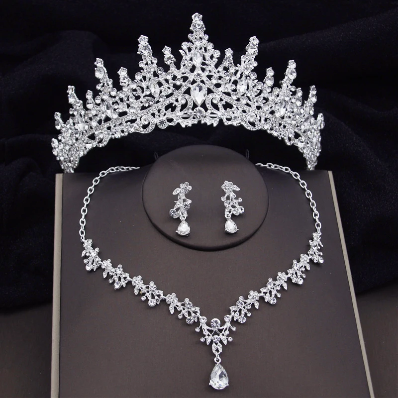 Luxury Silver Color Crystal Water Drop Bridal Jewelry Sets Rhinestone Tiaras Crown Necklace Earrings Wedding Dubai Jewelry Set