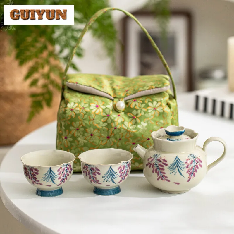 Hand Drawn Wisteria Flower Travel Tea Set Boutique Portable Storage Bag Set Creative 1 Pot 2 Cups Tea Maker Decoration Ornaments