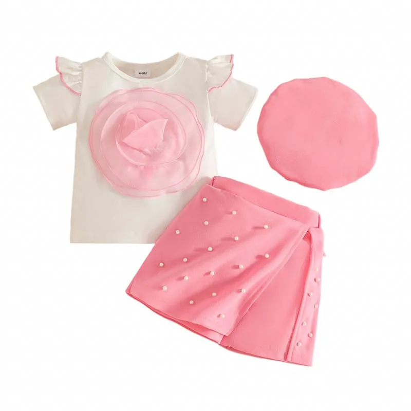 

Fashion 1–3 Years Baby Girl Clothing 3Piece Outfits Summer Short Sleeve Flower Mesh Blouse+Skirt-pants+Beret Toddler Girl Set