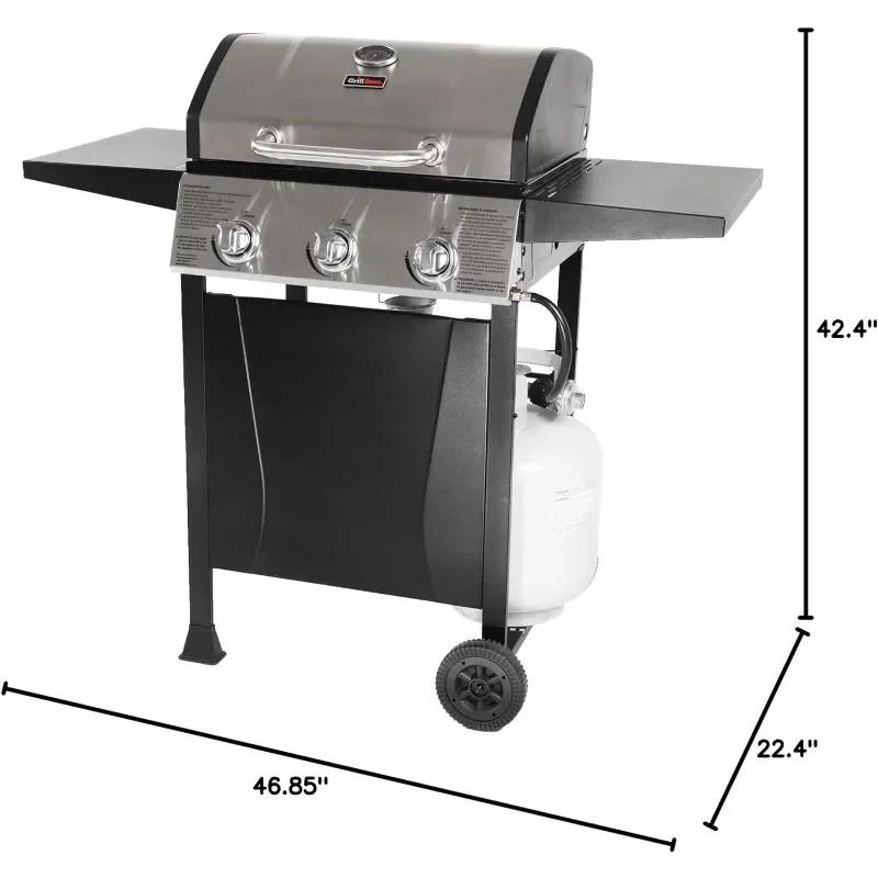 Grill Boss Outdoor Barbeque 3 Burner Propane Gas Grill for Barbecue Cooking with Top Cover Lid, Wheels, and Side Storage Shelves