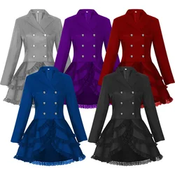 Women Lace Trim Lace-up High Low Coat Black Steampunk Victorian Style Gothic Jacket Medieval Noble Court Dress