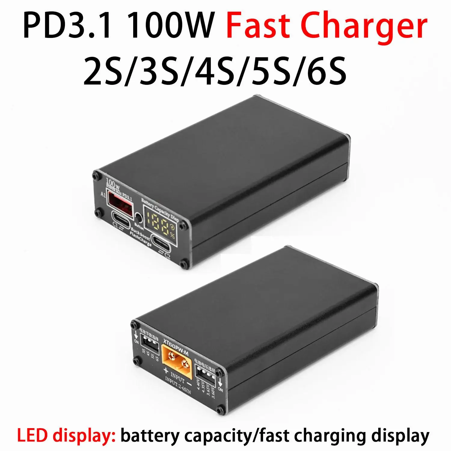 2S ~ 6S PD3.1 100W Buck-Boost سريع الشحن LED القدرة عرض شاحن ثنائي الاتجاه 7.4V 12V 3S 4S ليون Lifepo4 بطارية BMS