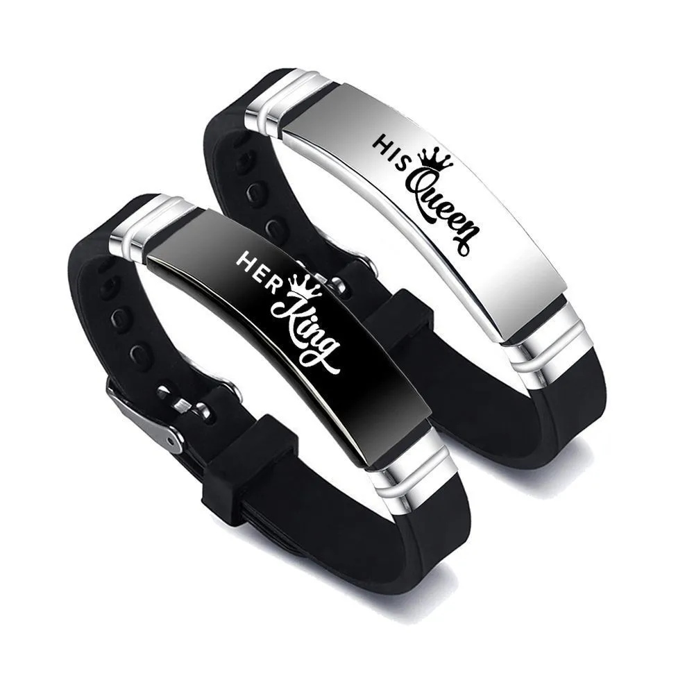 2Pcs/Set His Queen Her King Couple Bracelet Stainless Steel Adjustable Silicone Strap Bangle Valentine\'s Day Custom Jewelry Gift