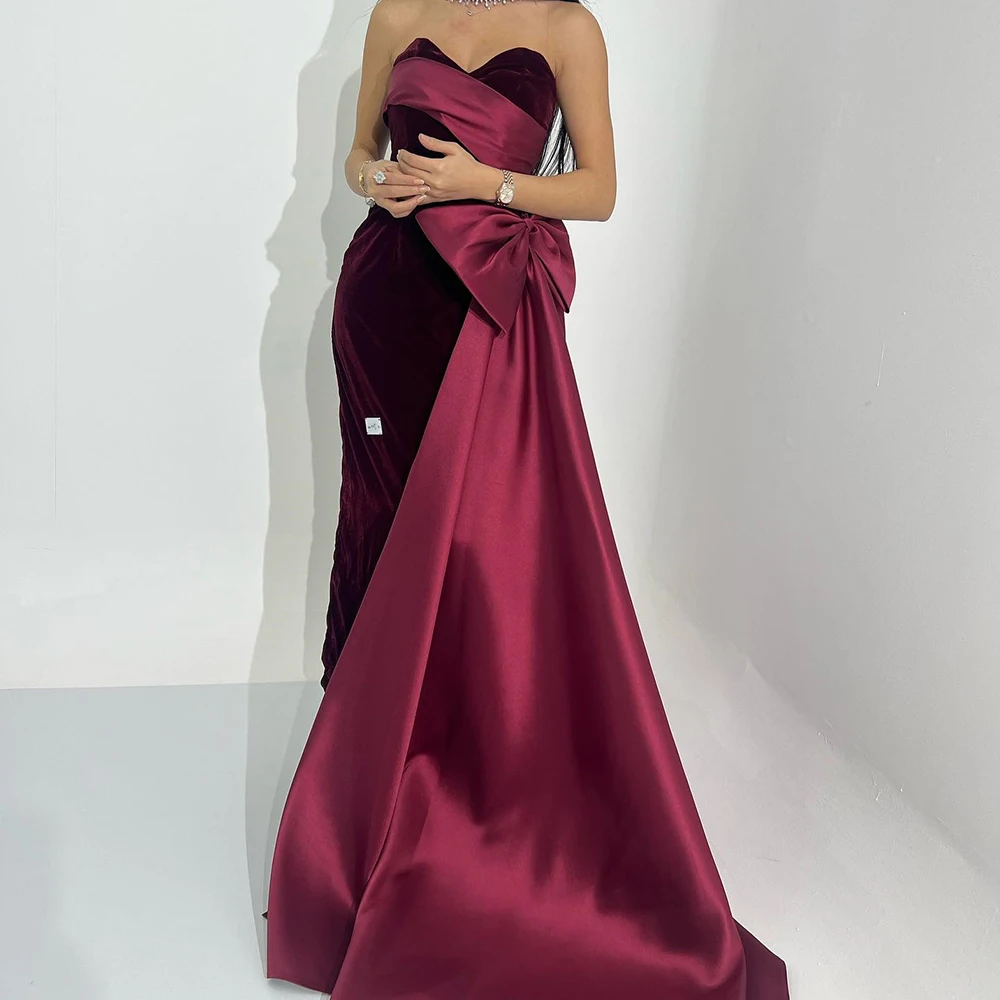 

Customized High Quality Straight Ankle Length Strapless Velvet Sleeveless Pleats Evening Dress Modern vestidos para mujer