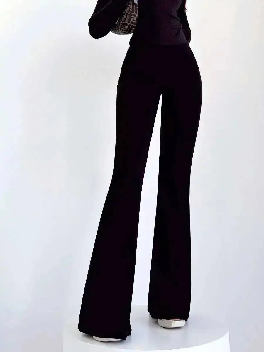 ارتفاع الخصر ضئيلة الطابق المعانقة مستقيم الساق طول متوهج قليلا السراويل بلون الحد الأدنى السراويل أزياء النساء LZD1