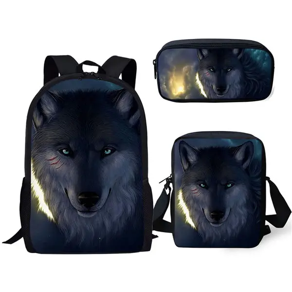 Fantasy Moon Wolf 3D Print School Bags, mochila para alunos, mochila de ombro inclinado, estojo para lápis, moda, laptop, 3 peças por conjunto